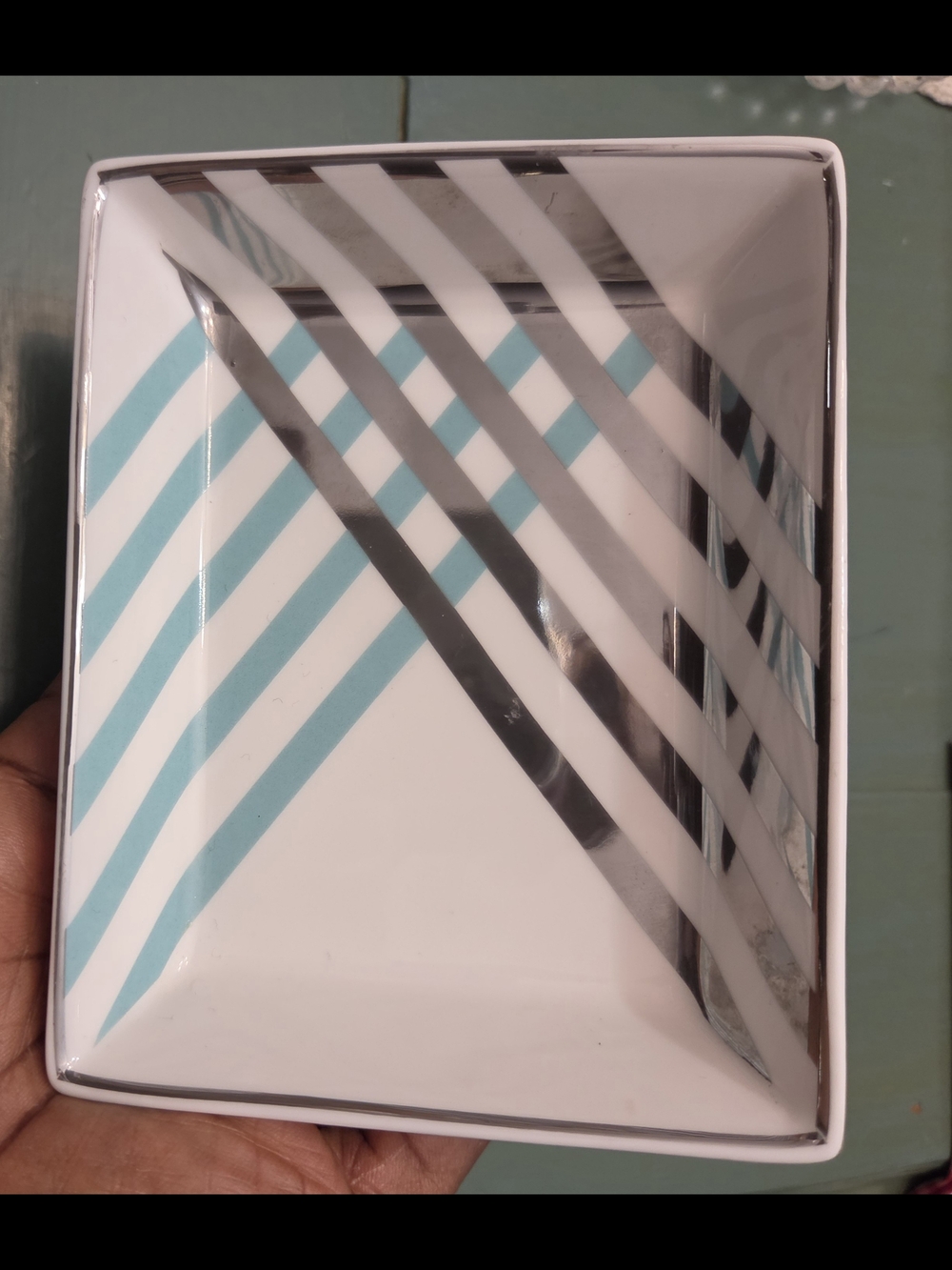 J. Crew Ceramic Trinket Dish in White and Teal with Silver Trim